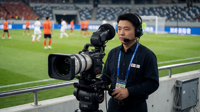 体育赛事直播画面，球场边摄像机正在拍摄比赛现场